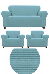 Uytm Pamuklu - Polyester Likralı Süngerli Çizgili Giydirmeli Yeşil Üçlü Koltuk Örtüsü 180x230 cm