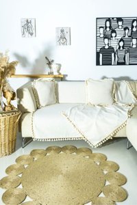 Ndc Home Keten Ponponlu Süngersiz Düz Bej Tekli Koltuk Örtüsü 170x220 cm