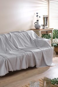 Cotonila Yorky Pamuklu Kanvas Saçaklı Süngersiz Armürlü Gri Üçlü Koltuk Örtüsü 170x210 cm