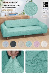 Faiend Jakarlı Süngersiz Giydirmeli Krem Üçlü Koltuk Örtüsü 230x180 cm