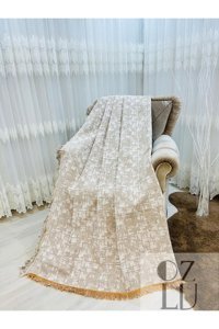 Özlü Home Pamuklu - Polyester Örgü Saçaklı Süngersiz Çizgili Altın Tekli Koltuk Örtüsü 170x220 cm