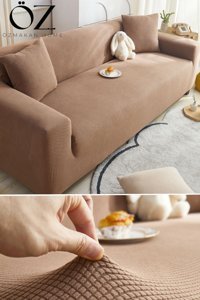Özmakan Pamuklu - Polyester Likralı Jakarlı Süngersiz Petek Desenli Giydirmeli Mor Üçlü Koltuk Örtüsü 180x230 cm