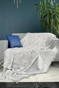 Homebiente Pamuklu - Polyester Saçaklı Süngersiz Geometrik Desenli Gri Tekli Koltuk Örtüsü 180x220 cm