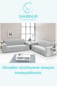 Sahibnur Pamuklu - Polyester Likralı Jakarlı Süngersiz Geometrik Desenli Giydirmeli Bej İkili Koltuk Örtüsü 185x215 cm