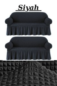 Furkanticaret Polyester Bürümcük Fırfırlı Süngersiz Kapitone Giydirmeli Krem İkili Koltuk Örtüsü 180x230 cm