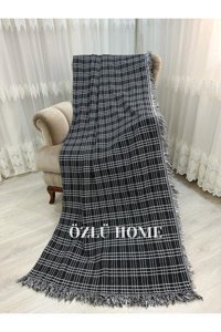 Özlü Home Pamuklu Örgü Saçaklı Süngersiz Armürlü Siyah Tekli Koltuk Örtüsü 170x220 cm