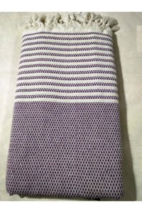 Mandaş Pamuklu Püsküllü Süngersiz Çizgili Mor Tekli Koltuk Örtüsü 180x304 cm