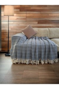 Casa Home Pamuklu Kanvas Püsküllü Süngersiz Armürlü Mavi Üçlü Koltuk Örtüsü 210x237 cm