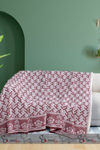 Fabric Box Kilit Pamuklu Saçaklı Süngersiz Geometrik Desenli Bordo Tekli Koltuk Örtüsü 170x220 cm