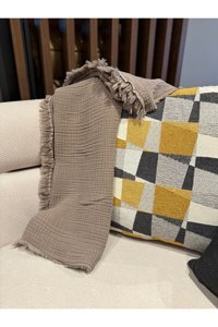 Oteks Home Collection Müslin Örgü Saçaklı Süngersiz Armürlü Kahverengi Tekli Koltuk Örtüsü 100x200 cm
