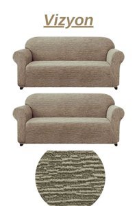 Furkanticaret Jakarlı Süngersiz Kırçıllı Giydirmeli Krem İkili Koltuk Örtüsü 180x230 cm