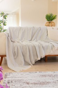 Tabu Home Pamuklu Polar Saçaklı Süngersiz Geometrik Desenli Gri Tekli Koltuk Örtüsü 170x200 cm