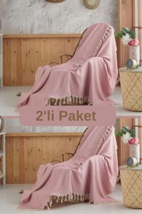 Miracolo Home Pamuklu Püsküllü Süngersiz Geometrik Desenli Gül Kurusu İkili Koltuk Örtüsü 120x150 cm