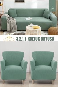 Uzhanem Pamuklu - Polyester Bürümcük-Likralı Süngerli Petek Desenli Giydirmeli Yeşil Dörtlü Koltuk Örtüsü 183x230 cm