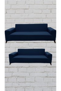 Şahane Ev Mikro Polyester Likralı Jakarlı Süngersiz Düz Giydirmeli Lastikli Mavi Üçlü Koltuk Örtüsü 55x69 cm