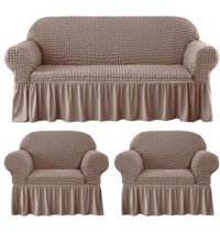 Iydgah Polyester Bürümcük-Likralı Süngersiz Kapitone Giydirmeli Krem Üçlü Koltuk Örtüsü 180x50 cm
