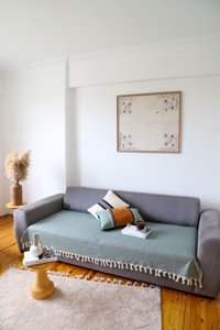 Koza Home Pamuklu - Polyester Saçaklı Süngersiz Çizgili Yeşil Tekli Koltuk Örtüsü 115x201 cm