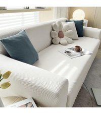 Hanemce Pamuklu - Polyester Likralı Süngersiz Kareli Giydirmeli Bej Üçlü Koltuk Örtüsü 180x230 cm