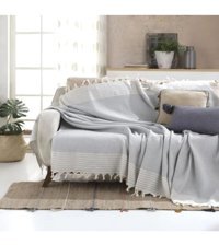 Ankaflex Highconcept Pamuklu Püsküllü Süngersiz Çizgili Gri Tekli Koltuk Örtüsü 180x220 cm