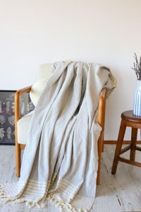 Koza Home Pamuklu - Polyester Saçaklı Süngersiz Çizgili Gri Tekli Koltuk Örtüsü 180x220 cm