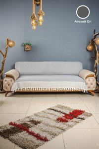Eren Home Naturel Pamuklu Kanvas Püsküllü Süngersiz Armürlü Gri Üçlü Koltuk Örtüsü 170x220 cm