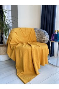 Koçhan Manifatura Pamuklu Jakarlı Süngerli Çizgili Hardal Tekli Koltuk Örtüsü 175x215 cm