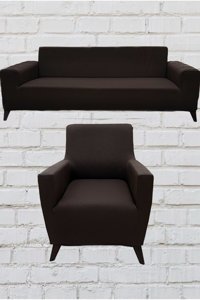 Şahane Ev Mikro Polyester Likralı Jakarlı Süngersiz Düz Giydirmeli Lastikli Kahverengi Üçlü Koltuk Örtüsü 85x55 cm