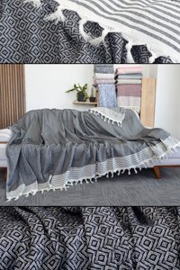 Mutlu Çeyiz Pamuklu Püsküllü Süngersiz Çizgili Siyah Tekli Koltuk Örtüsü 180x300 cm