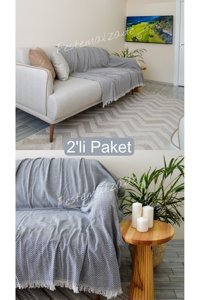 Vega Outdoor Tactical Pamuklu Polar Saçaklı Süngersiz Çizgili Gri İkili Koltuk Örtüsü 180x200 cm