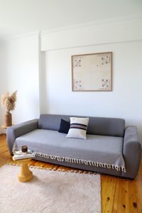 Koza Home Pamuklu - Polyester Saçaklı Süngersiz Çizgili Antrasit Tekli Koltuk Örtüsü 115x201 cm