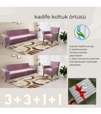 Uy Style Tekstil Kadife Süngerli Armürlü Giydirmeli Pembe Dörtlü Koltuk Örtüsü 180x230 cm