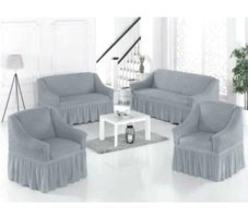 Akbu Pamuklu - Polyester Bürümcük Fırfırlı Süngersiz Giydirmeli Lastikli Gri Dörtlü Koltuk Örtüsü 183x230 cm