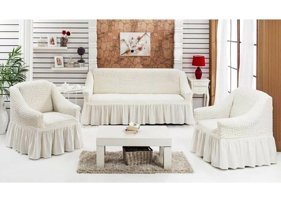Akyol Home Polyester Bürümcük Fırfırlı Süngersiz Lastikli Bej Üçlü Koltuk Örtüsü 150x195 cm