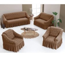Uytm Pamuklu - Polyester Likralı Drapeli Süngerli Çiçek Desenli Giydirmeli Kahverengi Dörtlü Koltuk Örtüsü 80x120 cm