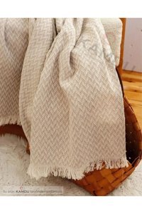 Xamantha Pamuklu Polar Saçaklı Süngersiz Çizgili Bej Tekli Koltuk Örtüsü 170x210 cm