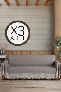 Lux Touch Pamuklu Püsküllü Süngersiz Geometrik Desenli Kahverengi Üçlü Koltuk Örtüsü 180x300 cm