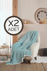 Lux Touch Vera Pamuklu Saçaklı Süngersiz Geometrik Desenli Turkuaz İkili Koltuk Örtüsü 150x200 cm