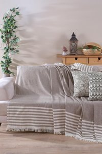 Cotonila Wells Pamuklu Kanvas Saçaklı Süngersiz Armürlü Bej Üçlü Koltuk Örtüsü 170x210 cm