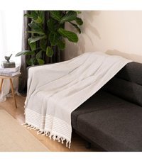 Dafne Moda Naturel Pamuklu Kanvas Püsküllü Süngersiz Armürlü Gri Üçlü Koltuk Örtüsü 170x210 cm