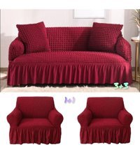 Güzel Aral Pamuklu - Polyester Bürümcük Fırfırlı Kapitone Giydirmeli Bordo 3-3-1-1 Koltuk Örtüsü 180x230 cm
