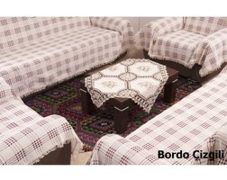Buldan Pamuklu Kanvas Saçaklı Süngersiz Ekoseli Bordo Sekizli Koltuk Örtüsü 180x300 cm