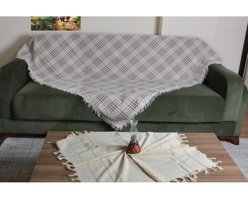 Buldan Pamuklu Kanvas Püsküllü Süngersiz Ekoseli Bordo Üçlü Koltuk Örtüsü 180x220 cm