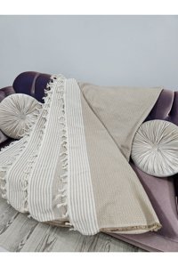 Mania Pamuklu Püsküllü Süngersiz Çizgili Kahverengi Tekli Koltuk Örtüsü 180x300 cm
