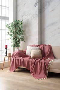 Miracolo Home Pamuklu Püsküllü Süngersiz Çizgili Bordo Tekli Koltuk Örtüsü 170x230 cm