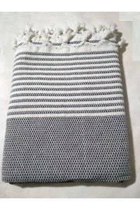 Mandaş Pamuklu Püsküllü Süngersiz Çizgili Haki Tekli Koltuk Örtüsü 180x220 cm