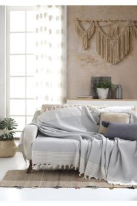 Lux Touch Bergama Pamuklu Püsküllü Süngersiz Geometrik Desenli Gri Tekli Koltuk Örtüsü 170x200 cm