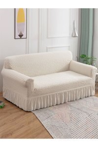 Özmakan Pamuklu - Polyester Likralı Jakarlı Süngersiz Düz Giydirmeli Bej Üçlü Koltuk Örtüsü 180x230 cm
