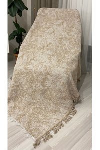 Kanaat Pamuklu Püsküllü Süngersiz Çizgili Bej Tekli Koltuk Örtüsü 170x220 cm