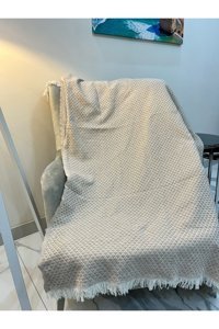 Divaldi Pamuklu - Polyester Kanvas Saçaklı Süngersiz Armürlü Bej Tekli Koltuk Örtüsü 170x210 cm