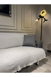 Mucize Evim Pamuklu Saçaklı Süngersiz Geometrik Desenli Gri Tekli Koltuk Örtüsü 170x200 cm